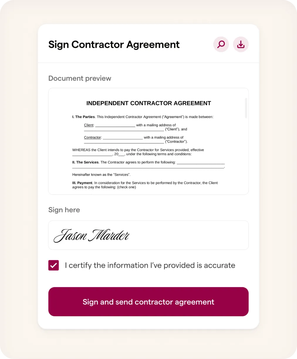 Contractor agreement workflow inside Wingspan